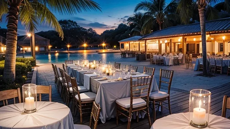 beach Wedding party , With table, chair , nighttime , There are a lot of beautiful bulbs