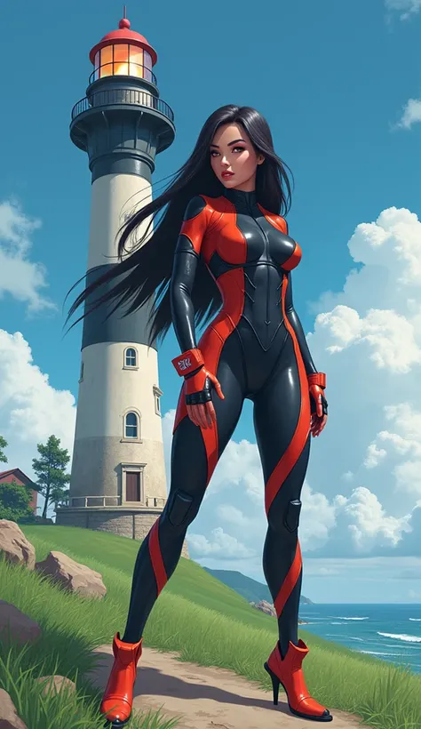 yor forger, pokemon art style, full body picture, ((masterpiece)), standing next to a lighthouse