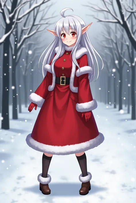 "Alice von Ataraxia , 1 person,  silver white hair , red eyes, Elf ears,  Santa Olgado costume ,   Santa jacket with white edges,  white gloves , Christmas outfit,  winter coat,  red winter dress ,  big breasts,   long socks,  Standing cross-legged,  smili...