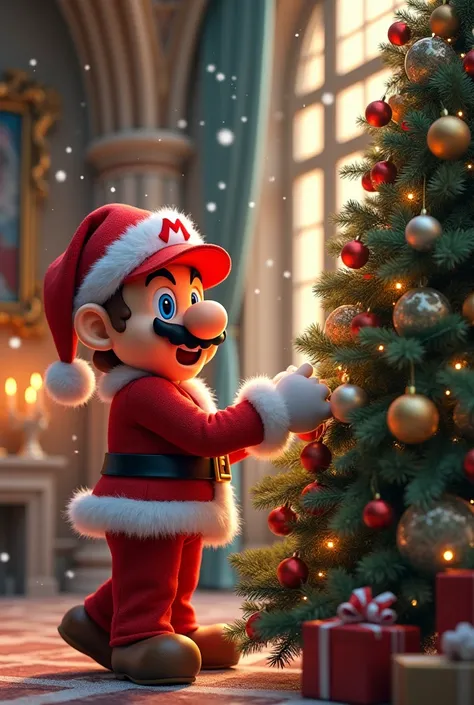  Generate an image of Super Mario Bros ,   adorning a Christmas tree inside Princess Peachs castle, He must be dressed as Santa Clos 