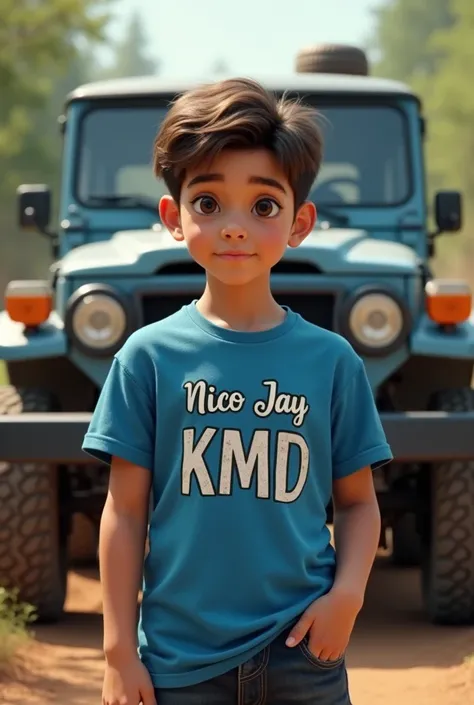 A boy standing front of a land cruiser wearing a blue t shirt design words on it was NICO JAY KMD.