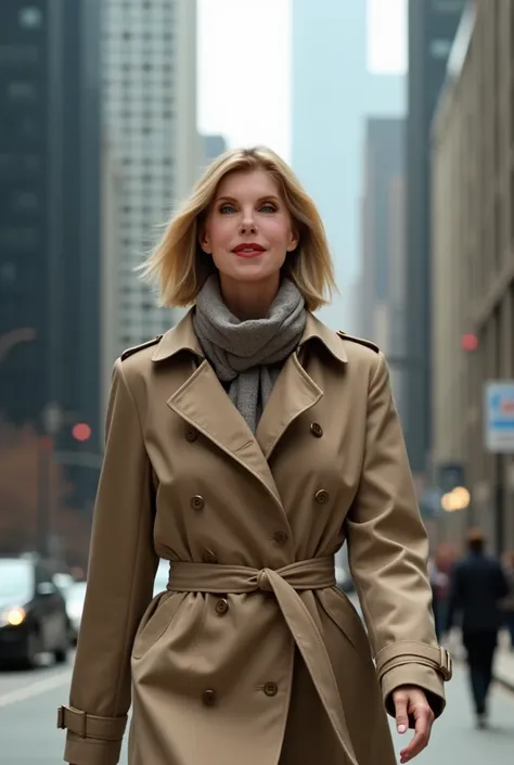 Realistic, theme is "Trench coat and scarf", mature woman with blonde medium bob hair set with volume on the side, wearing a beige trench coat and a Burberry scarf, highly skilled female lawyer, walking briskly through the streets of Chicago, cool, sophist...