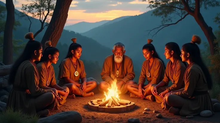 A group of indigenous ren sit around a campfire, listening to an elder tell stories. In the background, the evening light creates a magical atmosphere. Photorealistic