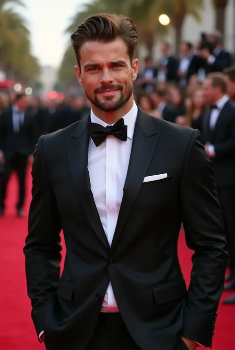 Create me an image of Siminnesman  ,  sky blue eyes, Brown hair cut Dreamflow   ,  athletic body, muscular,  beard in a formal black suit on a red carpet posing while a girl interviews him and he smiles mischievously 