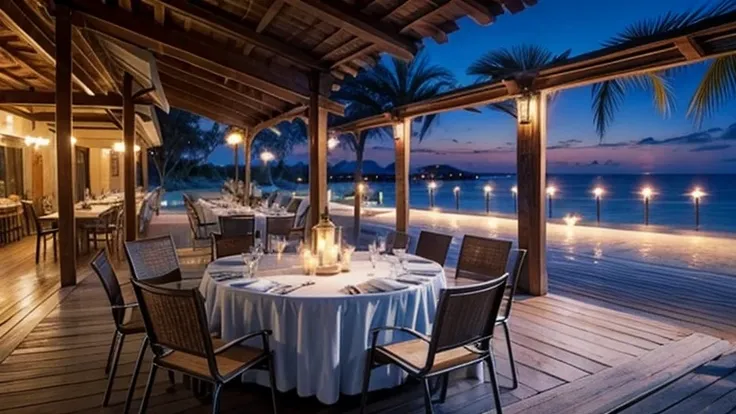 beach party , With table, chair , nighttime , There are a lot of beautiful bulbs , Resort