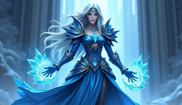 A fearsome ice mage Jaina Proudmoore from World of Warcraft, ice magic, dramatic pose, epic fantasy, intricate details, cinematic lighting, realistic hyper-detailed character, beautiful piercing eyes, detailed facial features, flowing icy hair, ornate ice ...