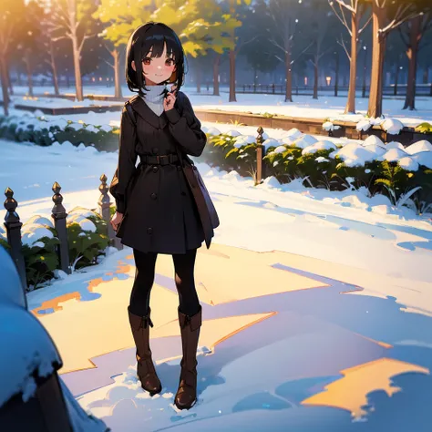 ( High Quality ,  high res, Very detailed, reality:1.37), Peaceful atmosphere, (Outdoor, garden ,snow),  teenage girl standing alone, Beautiful details,  cute smile, (Black Bob), Ribbed sweater,Brown skirt,  black tights ,  brown boots .