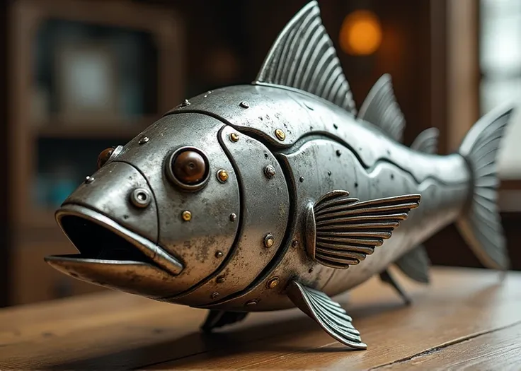  close-up of a metal object on a table、 steampunk tyrannosaurus 、 swirling silver fish 、 steampunk submarine ！、 robot has a fishing rod 、 steampunk sword 、canned sardine 、 scary fish made with mechanical parts 、 has a ray gun that emits smoke 、 first steam...