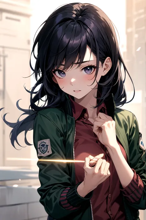 1girl, matured female, bomber jacket, bow, best quality, hires, detailed face, detailed background, diffused sunlight, depth of field,doing magic,high quality.  anatomically correct, 