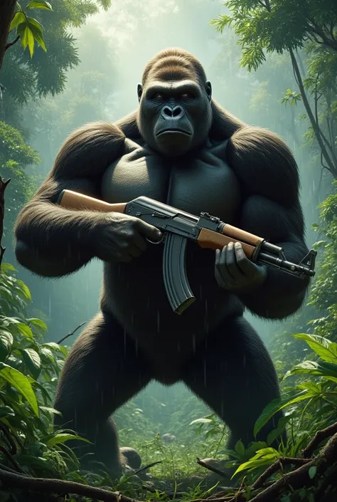 Gorilla with Ak 47 in the rainforest in Congo