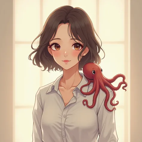 Anime style. Soft light. Shading. Easy to trace. Bsuiness casual clothes. 25 years old lady. Looking at the viewer. Persona art style. Octopus on the shoulder. Details on the clothing. 