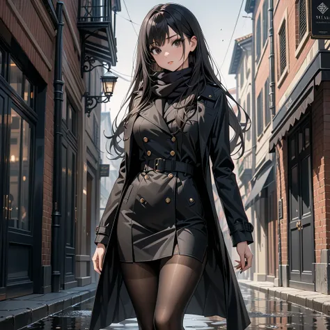 masterpiece, highest quality, highest resolution, clear_image, detailed details, black hair, long hair, 1 girl, black eyes, black trench coat, black silk mini pencil skirt, black scarf, black pantyhose, full body, no water marks