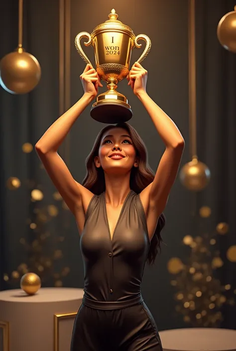 I want to create a woman holding a trophy written I won 2024