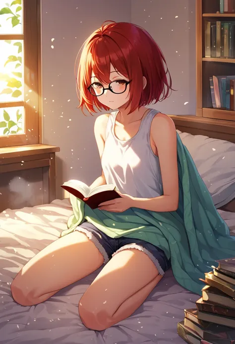 A beautiful 17-year-old anime girl with short red hair, in a cozy bedroom setting. She is in a kneeling position, slightly leaning forward while reading a book, with part of her body covered by a soft blanket. She wears glasses and is dressed minimally in ...