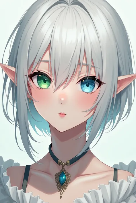  anime style , adult woman short white hair,  elf with a blue right eye and a green left eye, of approximately 23 years old  