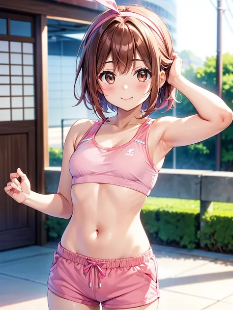 4K quality, cute,Brown Eyes, with brown hair,30-year-old woman,solo, small breasts, pink sports bra , pink shorts, put a pink hair band on your head, short hair,smile, Blurry Background,もえもえきゅんポーズ,