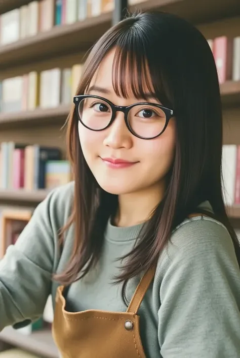 score_9,score_8_ up,score_7_ up, Source_Genuine,Genuine skin,
Break 1 Girl ,(bookstore clerk:1.2),glass,Bob_cut,  brown apron,  green cardigan, light smile , Focus on Women ,bookstore,throw,Glasses