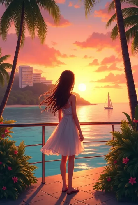  cute girl　 back view　Resort　stylish seaside hotel background　sunset