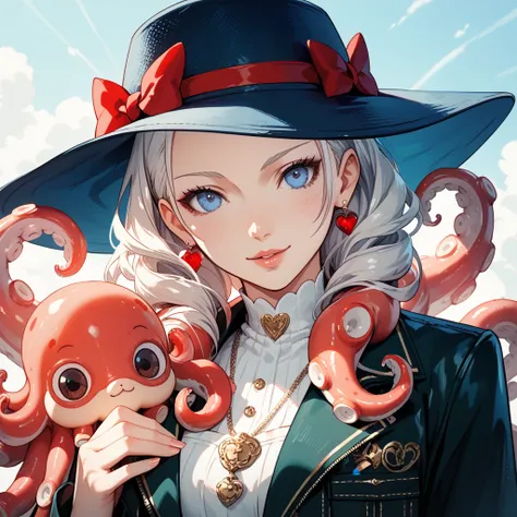 Anime style. Soft light. Shading. Easy to trace. Bsuiness casual clothes. 25 years old lady. Looking at the viewer. Persona art style. Octopus on the shoulder. Details on the clothing. 