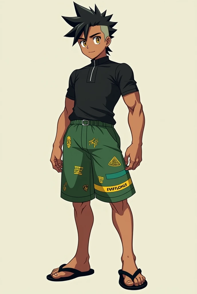 Play an anime character Shonem with brown skin and yellow eyes with black hair half spiked with a gradient and shaved on the sides of his head . he wears a bonded black blouse and he has a defined physique and green Dins shorts with several letters and sym...