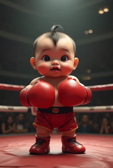 A detailed realistic photo of a very cute chubby strong Chinese baby with boxing gloves ,red shorts in a fight ring 