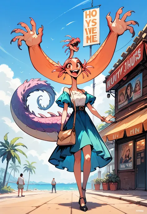 rating_safe, score_9, score_8_up, score_7_up, score_6_up, score_5_up, score_4_up, hires, movie poster, absurdres, perfect anatomy(1girl, dress skirt, large gragon, hugs)(movie of a Dragon and human girl)blue sky, smile, smile, happy, joyful, cinematic ligh...