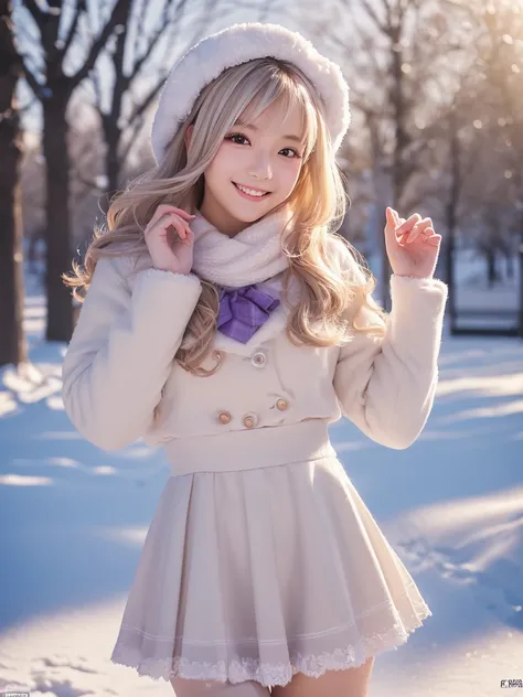 (Winter date ), ((Cute light-colored idol costumes:1.2)),  view viewers, Japanese female university student, ( one woman:1.2),  shes so beautiful ,  glowing skin, perfect face,  Cute and Symmetrical Faces , Light-colored hair,  medium hair,  wave hair,  ha...