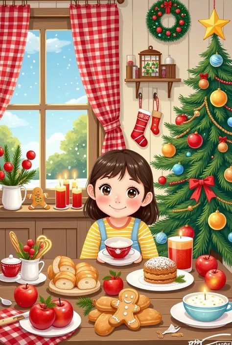 Christmas illustration  ，Plaid curtains  ， Bread hanging on the kitchen table   、cake、candle、Glass、Christmas tree、Gingerbread Man、  apples、tableware、 ， Hanging socks and Christmas wreaths on the wall。girl&#39;return。  lined with bread  "Jenny"