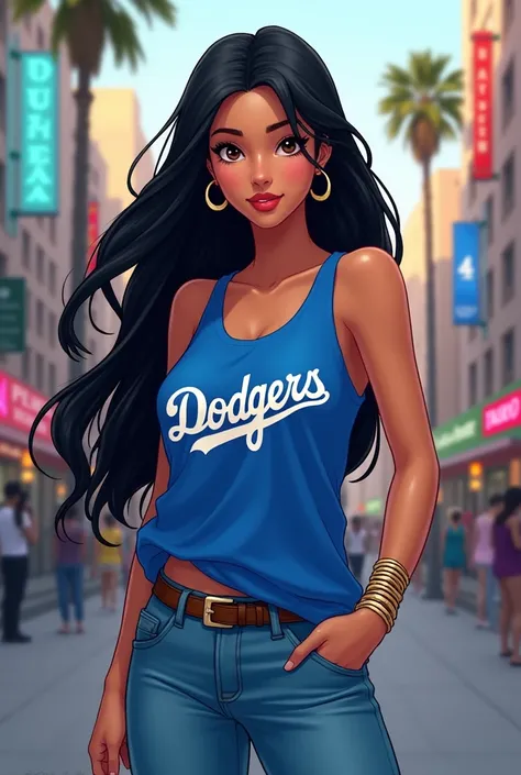 Disney Princess Jasmine in her blue Los Angeles Dodgers tanktop