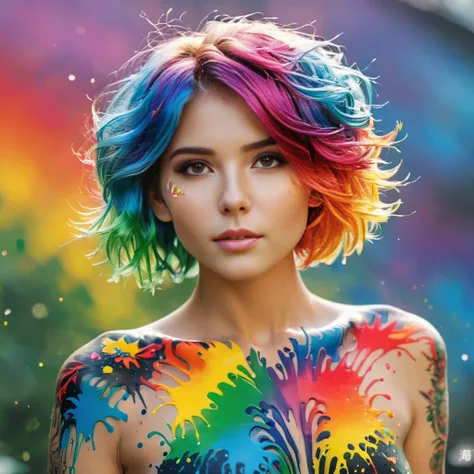 gorgeous woman, paint splatter, vibrant colours, rainbow colours, full body, gorgeous face, short rainbow hair, body paint, 23 year old