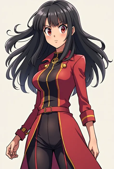  Female character with the drawing style of Boku No Hero Academia, with good-haired capable .  A serious look and red eyes 