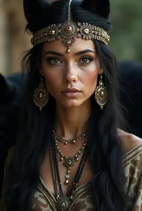 a beautiful ancient samarian woman, detailed intricate facial features, delicate skin, long flowing dark hair, mysterious expression, dark eyes, ethereal and elegant, ornate traditional jewelry and headpiece, detailed intricate clothing, dramatic cinematic...