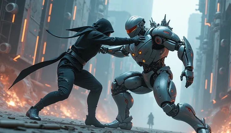 Futuristic ninja half robot wrestling a robot 