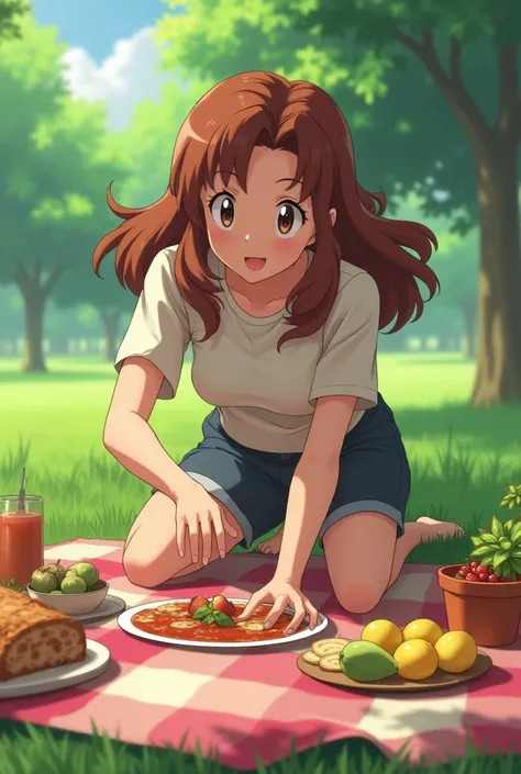 Delia Ketchum from Pokémon the mother brown hair in her mid-30s hot picnic on all fours large cutout 