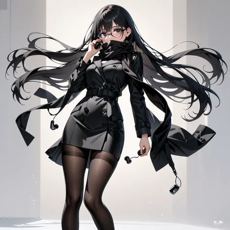 masterpiece, highest quality, highest resolution, clear_image, detailed details, black hair, long hair, 1 girl, black eyes, black trench coat, black silk mini pencil skirt, black scarf partially covering the face, black pantyhose, full body, black eye glas...