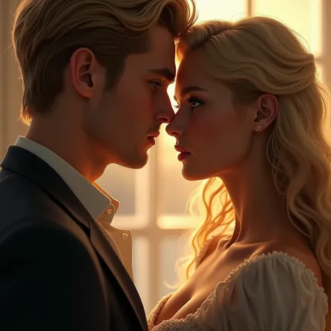 Image of two characters,  A man and a woman . in the foreground, they are looking into each others eyes . The man is tall,  26 year old ,  with blond hair and blue eyes .  The woman is beautiful , 22 years old,  they have blond hair and amber eyes. 