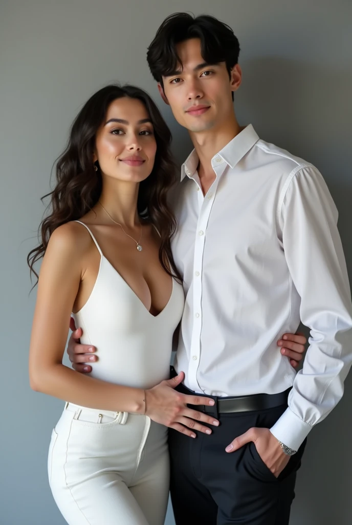 20 years old handsome guy short middle parted black hair wear wore dress shirt and hammer pant with his girlfriend large big breast cup, cleavage, wear white skinny dress, background grey studio photo, REALISME, HIPPERREALISME, PHOTOREALISME, 