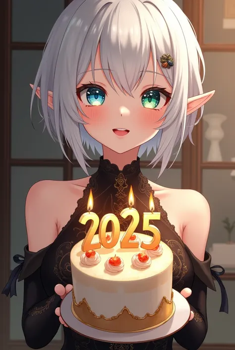  anime style , adult woman short white hair,  elf with a blue right eye and a green left eye,She is approximately 23 years old in a beautiful elegant black dress and in her hands a beautiful cake with golden candles with the numbers 2025 and the girls face...