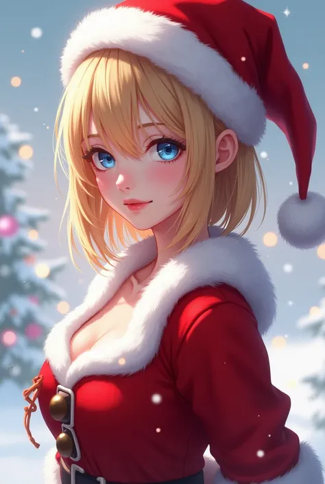 masterpiece, best quality, ultra-detailed, illustration, nude ,1girl, looking at viewer, best quality,depth of field,(closed mouth,light smile,blue eyes:1.1),beautiful detailed glow , (santa costume:1.3),(hands behind back:1.3),(arms behind back:1.3),blaze...