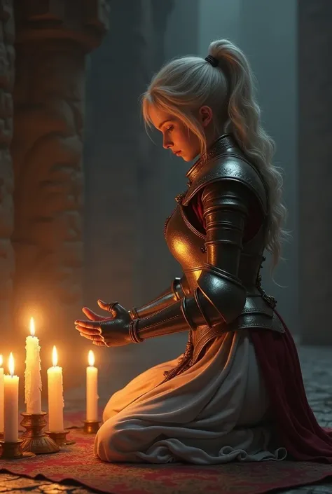 The girl is praying 、 is surrounded by candles、The girl is a knight 、 the girl faces sideways、dim、The light shines、