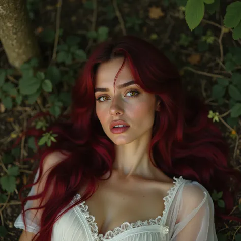 attractive woman, Angelic beauty, with soft features, long wavy hair in shades of burgundy , honey-colored eyes. She has a crimson-red, white-colored dress that fits her figure., She is angry,  lies in an enchanted forest under a tree .