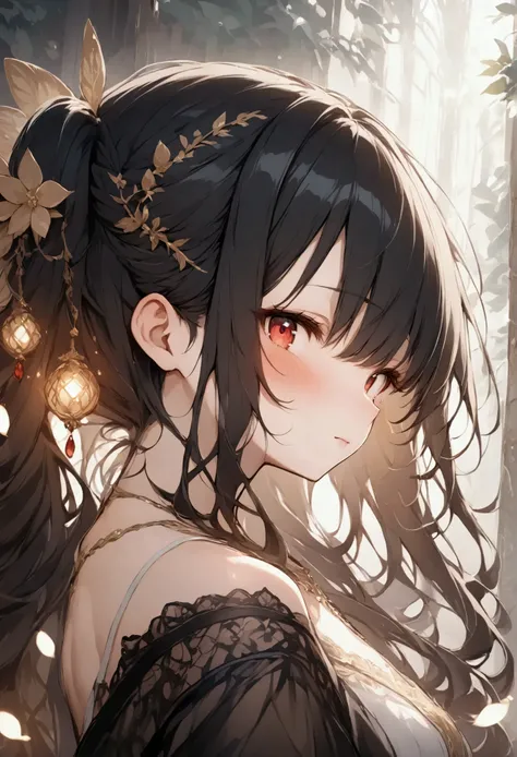 profile、 black hair、 Long Side Hair 、 half up 、 red eyes、Upturned eyes、 pretty face、Light effects、profileのクローズアップ、Squint your eyes a little,Blushing、 facing the front