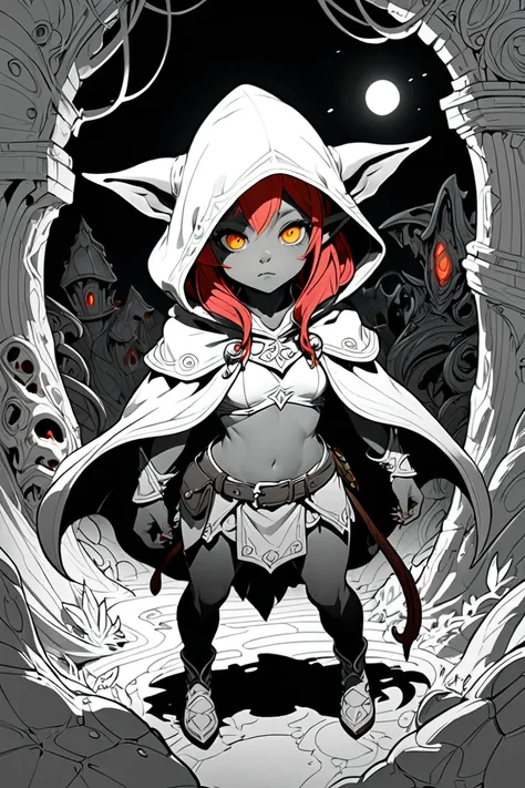 ((((sketch, line art, (extremely intricate:1.2), polichrome, lineart:1.2)))), 1girl full body. photorealistic. full body. cute, pretty goblin female, big doe eyes, hood, colored skin, midriff, , braided red hair, cloak, dark goblin female, hood up, cape, h...