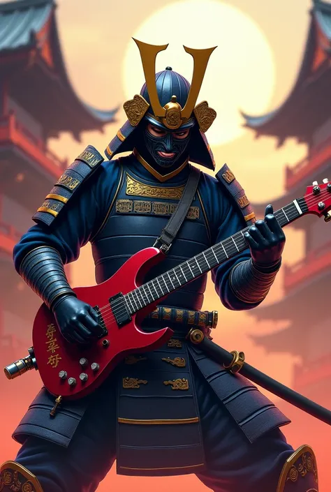 A samurai warrior in full armor with helmet, intensely playing lead a traditional Japanese  katana sword  like a guitar  - anime style