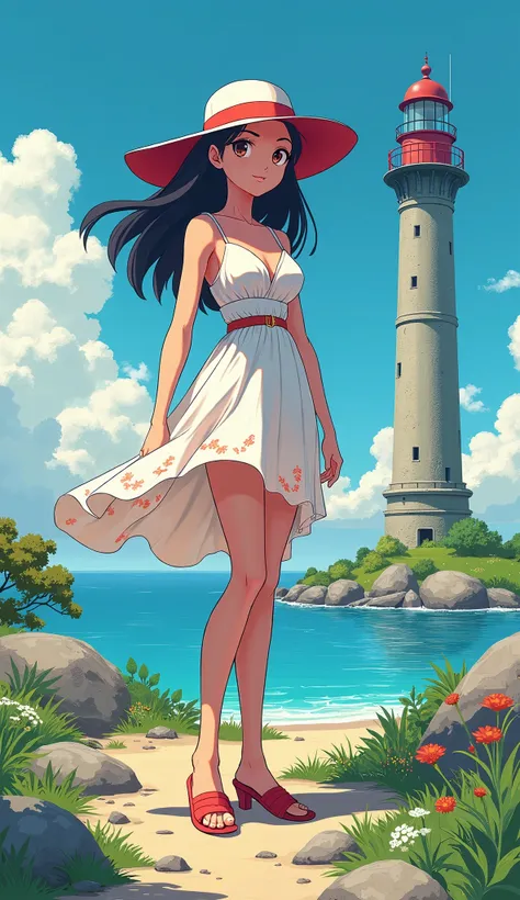 yor forger, pokemon art style, full body picture, ((masterpiece)), standing next to a lighthouse, wearing a summer dress
