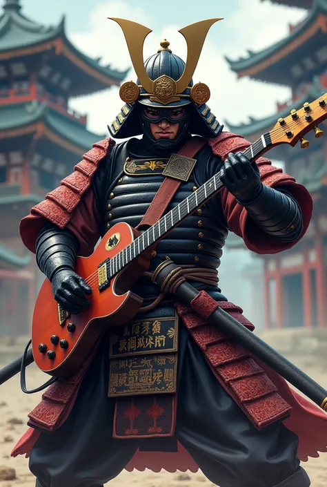 A samurai warrior in full armor with helmet, intensely playing lead a traditional Japanese  katana sword  like a guitar  - anime style