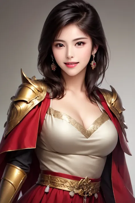 ((The upper body of a female warrior wearing gold and red armor and a cloak:1.4)),1 person,  black hair,  belly shortcut   ,Big breasts and cleavage,  high-definition face and skin texture  ,  staring at the camera,   Chinese Warrior:1.2,  perfect beauty: ...