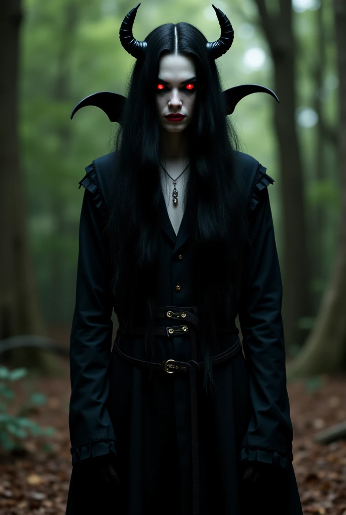  Make a vampire man , long black hair, with bat ears , with blood-red eyes , with vampire fangs ,  the face of a vampire monster , (obscure), (dark), ( Gothic), ( ultrarealismo)  long wavy hair,smooth and black , with bat wings,  and a torn black skirt aro...