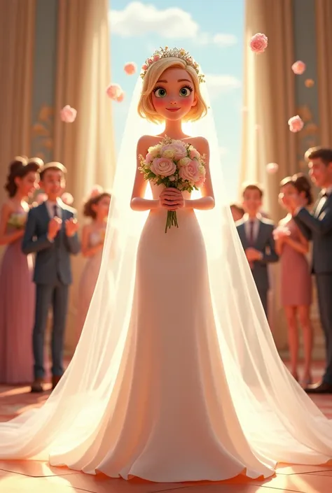 Disney Pixar-style poster: an 18-year-old woman with green eyes covered by a bridal veil clutched by two ren and short blonde straight wavy hair brushed on the side with flowers in a white princess-style wedding dress with padding and white heels entering ...