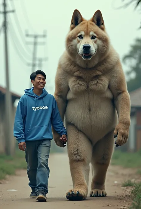 An Indonesian man wearing a blue hoodie with the word "tyokoe" written on his chest and jeans walked hand in hand with a giant puddle dog